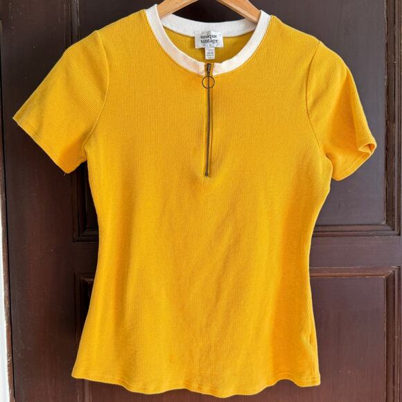 Unique Vintage Tops - UNIQUE VINTAGE | Mustard Yellow Ribbed Short Sleeve Top with Quarter Zip | Large